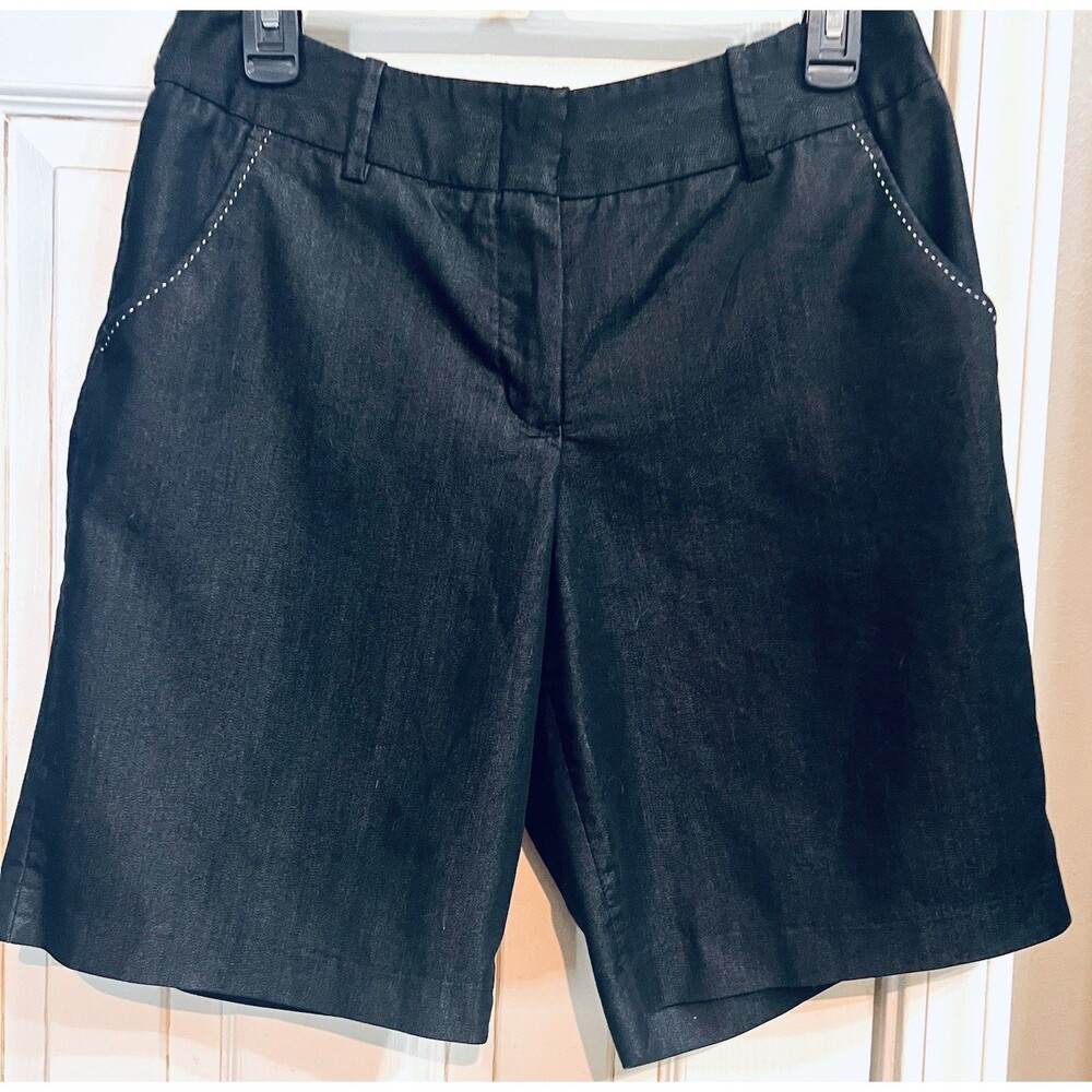 Willi Smith Women’s Dark Navy Bermuda Shorts 8 Stretch Mid Rise Flat Front EUC